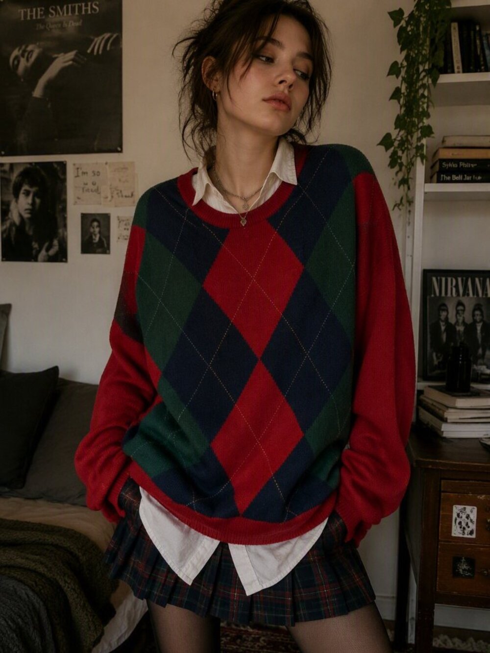 💕 Vintage TRICOTS ST RAPHAEL 100% Wool Red Argyle Crewneck Sweater / Jumper ✨